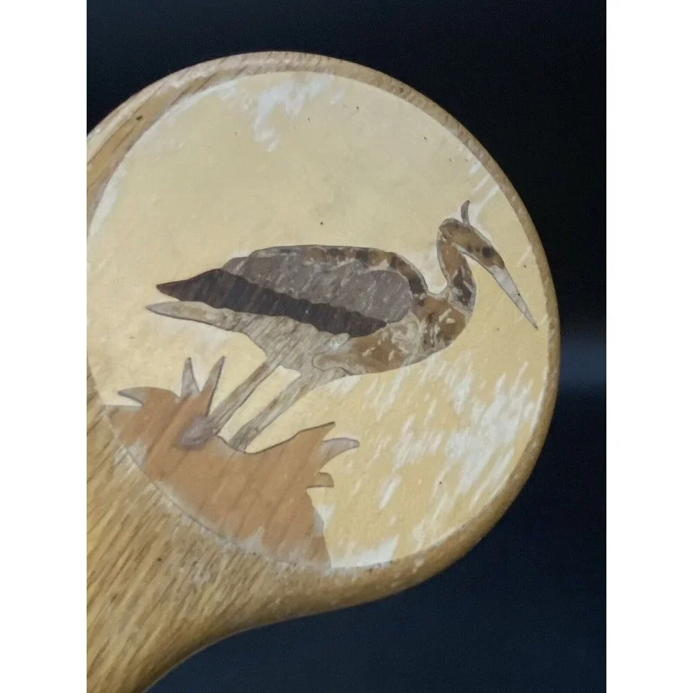 Marquetry Wood Crane Bird Inlay Vanity 11” Mirror Hand Held Beveled Glass READ